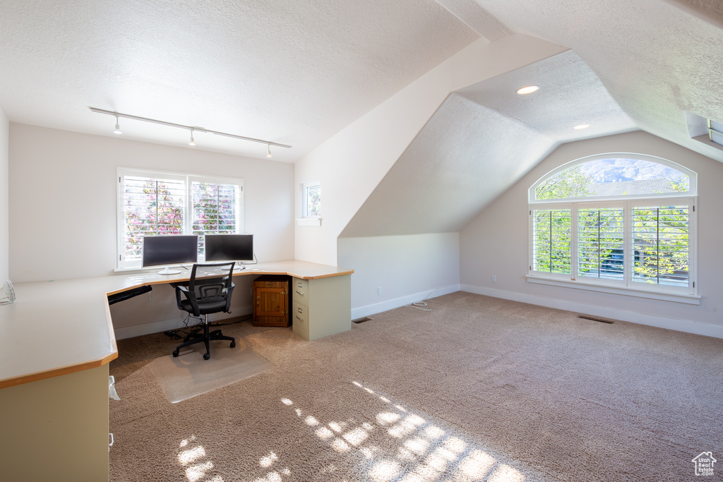 Unfurnished office featuring visible vents, a textured ceiling, carpet, baseboards, and vaulted ceiling