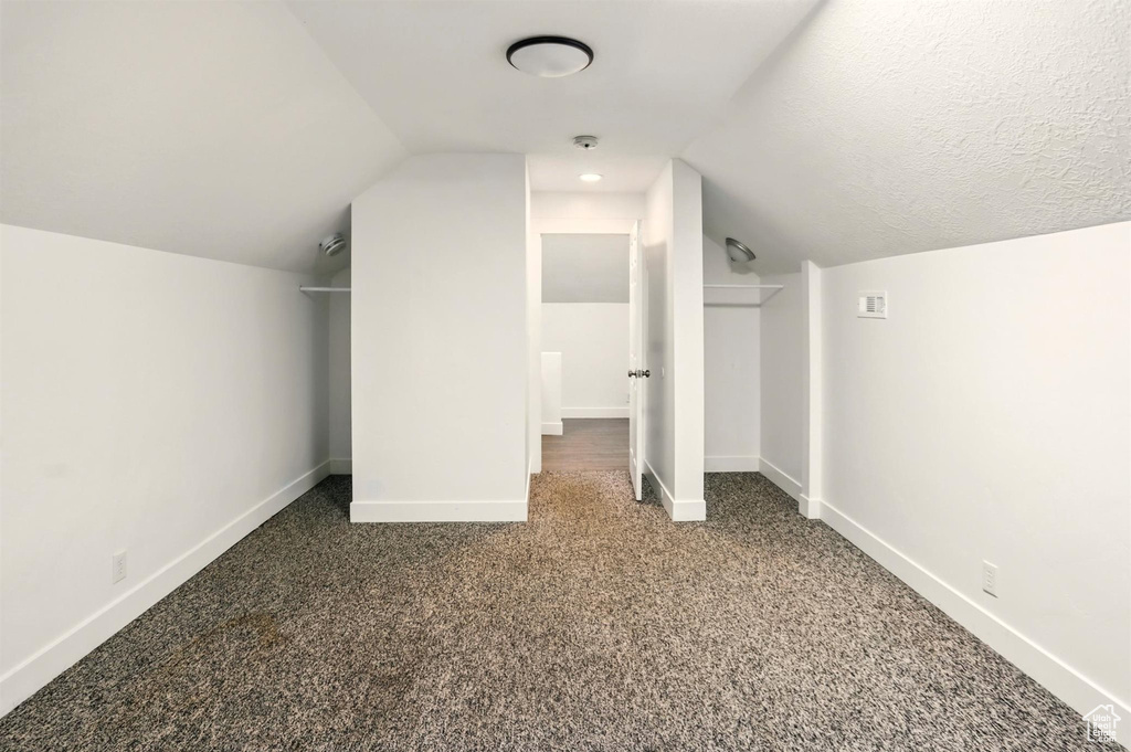 Additional living space with carpet floors, baseboards, and lofted ceiling