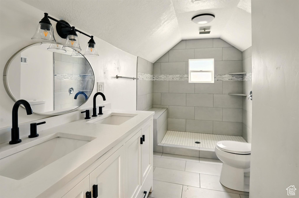 Bathroom featuring toilet, a textured ceiling, a sink, and lofted ceiling