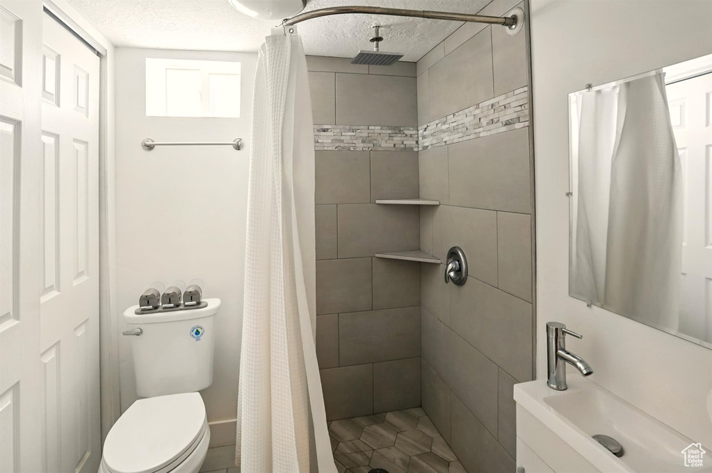 Full bathroom featuring a sink, a stall shower, toilet, and a textured ceiling