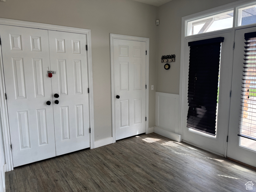 Foyer entrance with wood finished floors, plenty of natural light, and baseboards