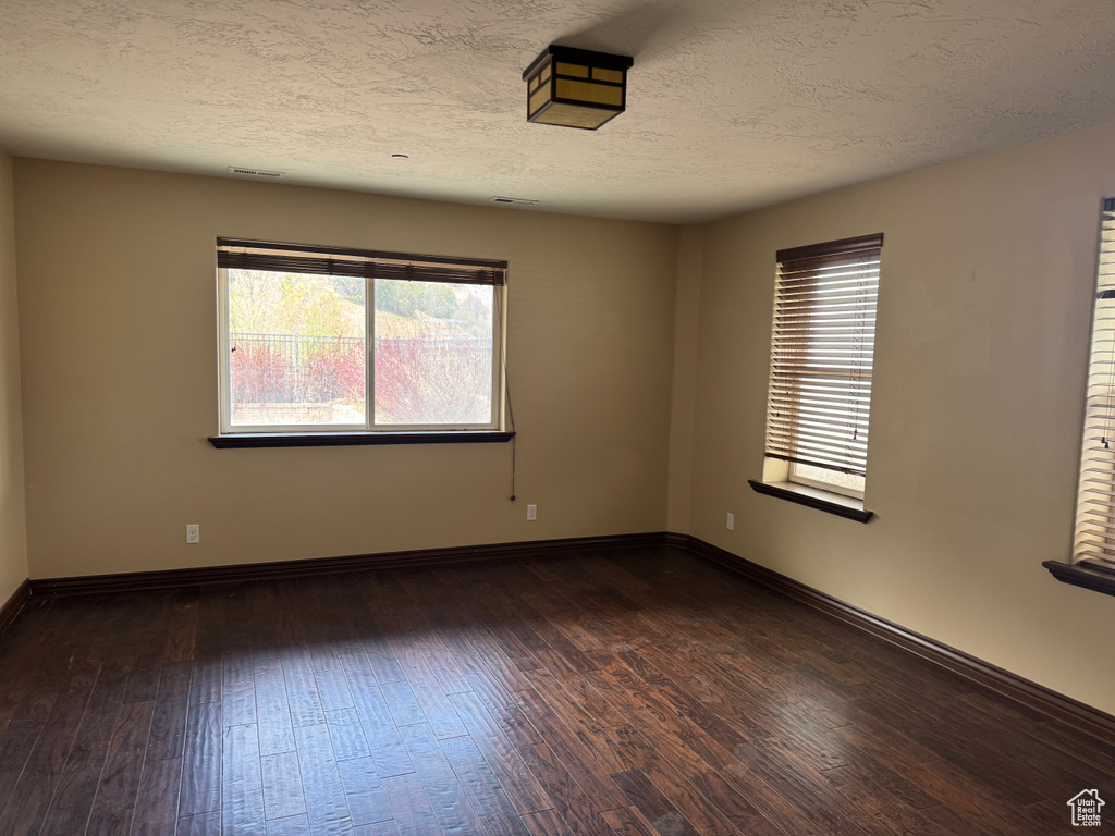 Spare room with dark wood-style flooring, healthy amount of natural light, a textured ceiling, and baseboards