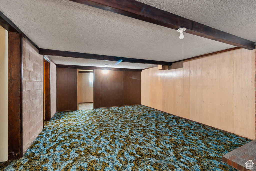 Finished below grade area with carpet floors, wood walls, and a textured ceiling