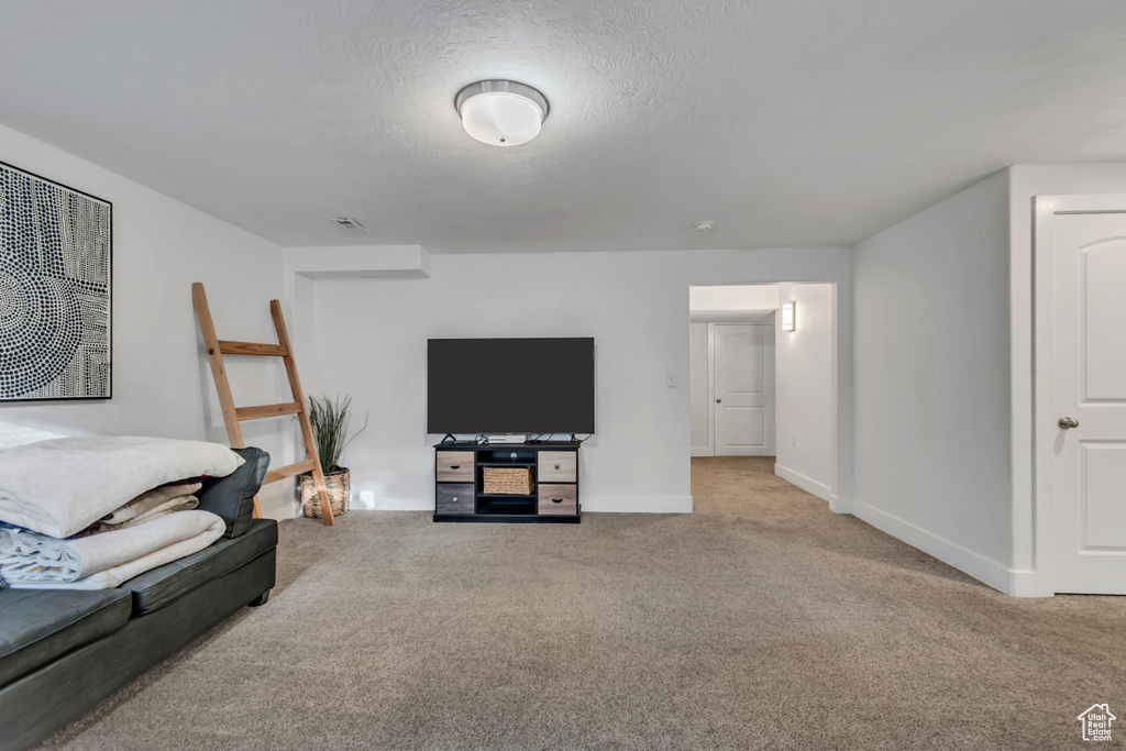 Living area featuring baseboards, carpet flooring, and visible vents