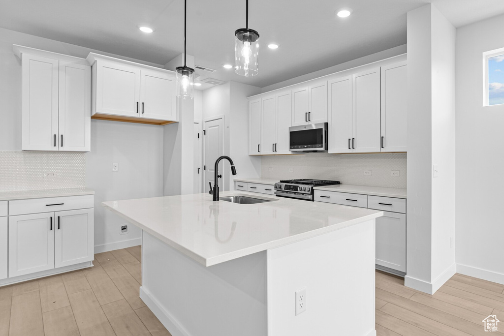Kitchen featuring light wood-type flooring, recessed lighting, tasteful backsplash, a sink, and stainless steel appliances