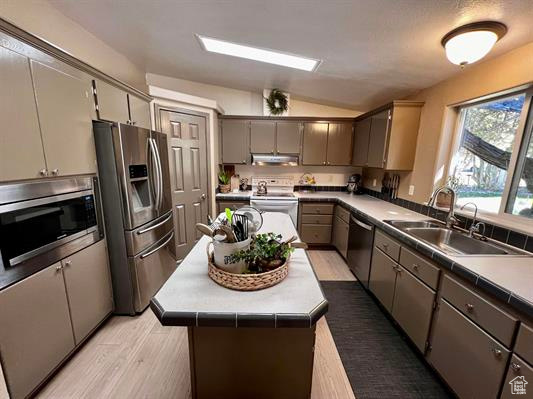 Kitchen featuring appliances with stainless steel finishes, a sink, light wood finished floors, lofted ceiling, and under cabinet range hood