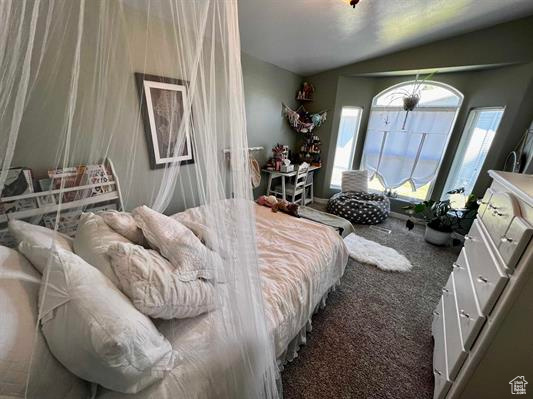 Bedroom with carpet and lofted ceiling