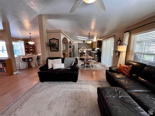 Living area with a ceiling fan, a healthy amount of sunlight, and light wood-style floors