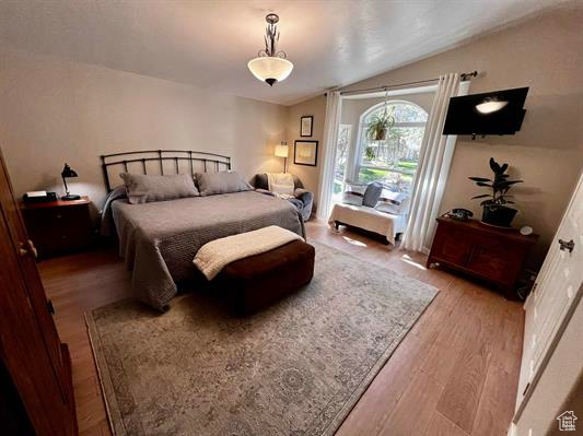 Bedroom featuring wood finished floors and lofted ceiling