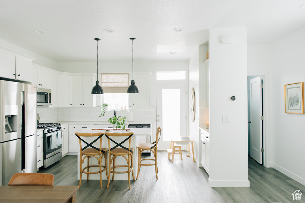 Kitchen featuring backsplash, wood finished floors, and stainless steel appliances