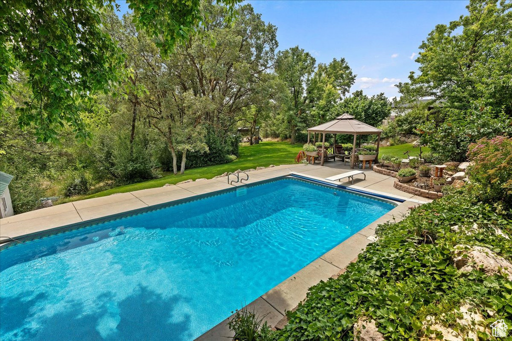 Pool with a lawn, a diving board, a gazebo, and a patio