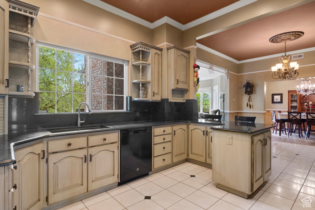 Kitchen featuring open shelves, a peninsula, black dishwasher, a chandelier, and a sink