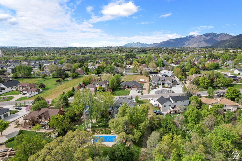 Birds eye view of property with a mountain view and a residential view