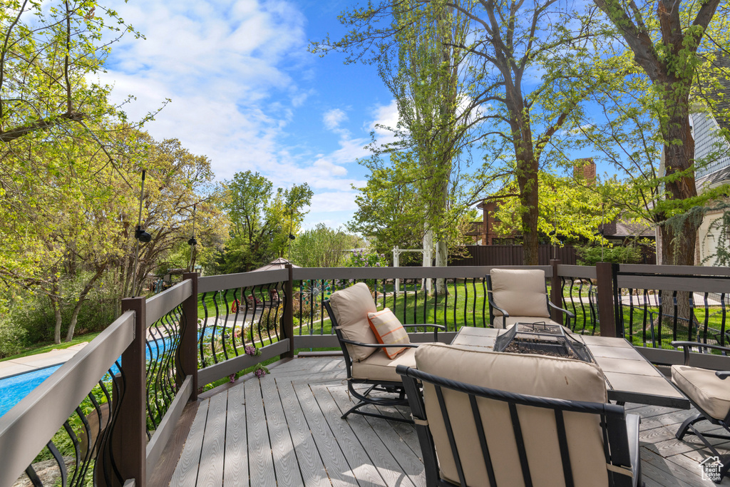 Wooden deck with a fire pit