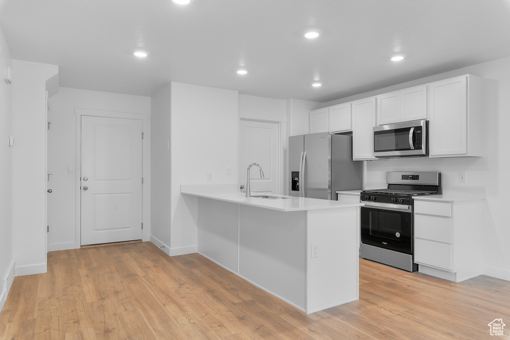 Kitchen featuring baseboards, a sink, light wood finished floors, and stainless steel appliances