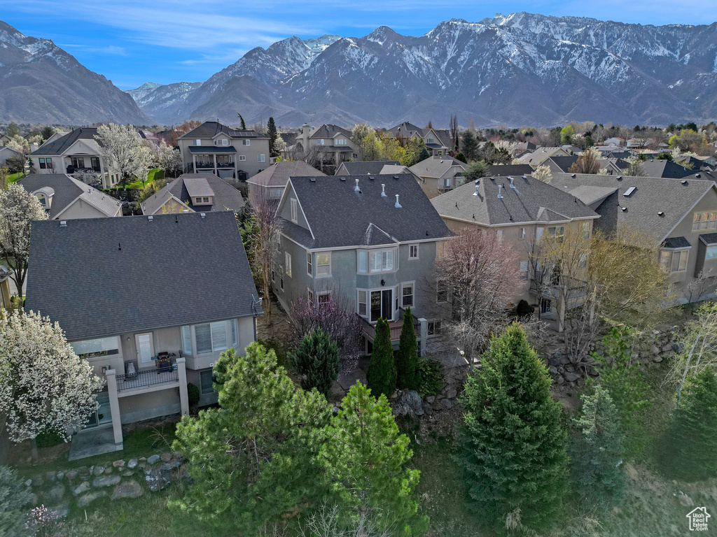 Aerial view featuring a mountain view and a residential view