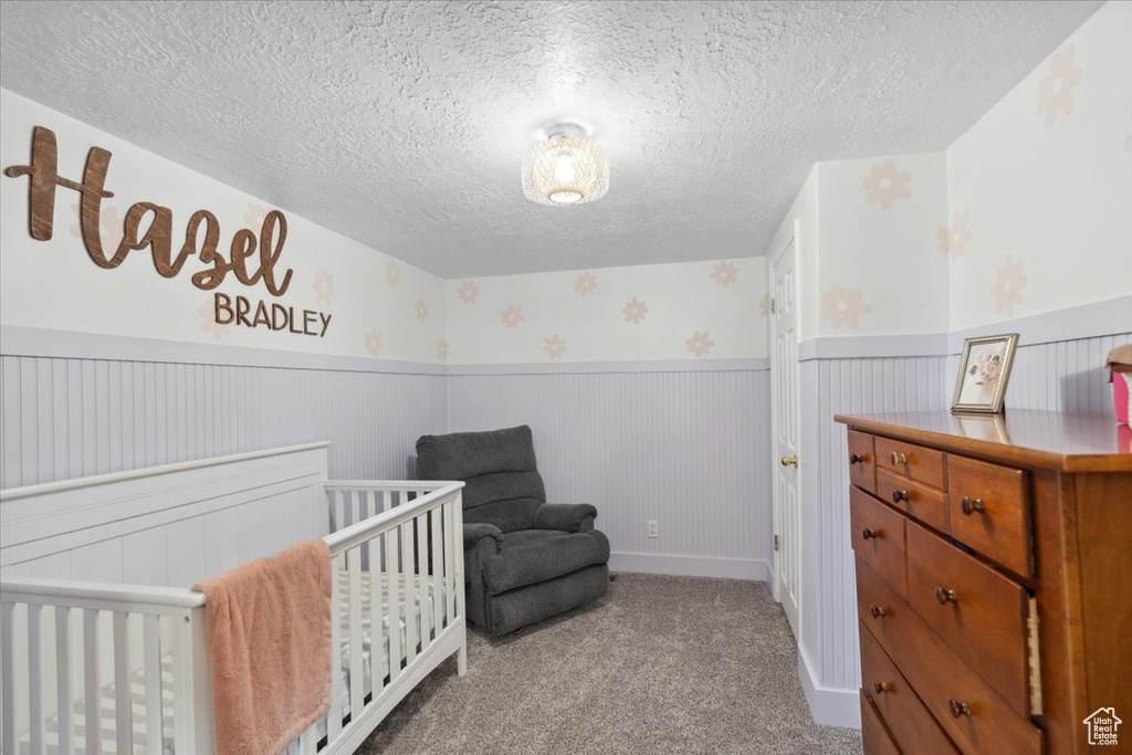 Bedroom featuring carpet flooring, a textured ceiling, a wainscoted wall, and a crib