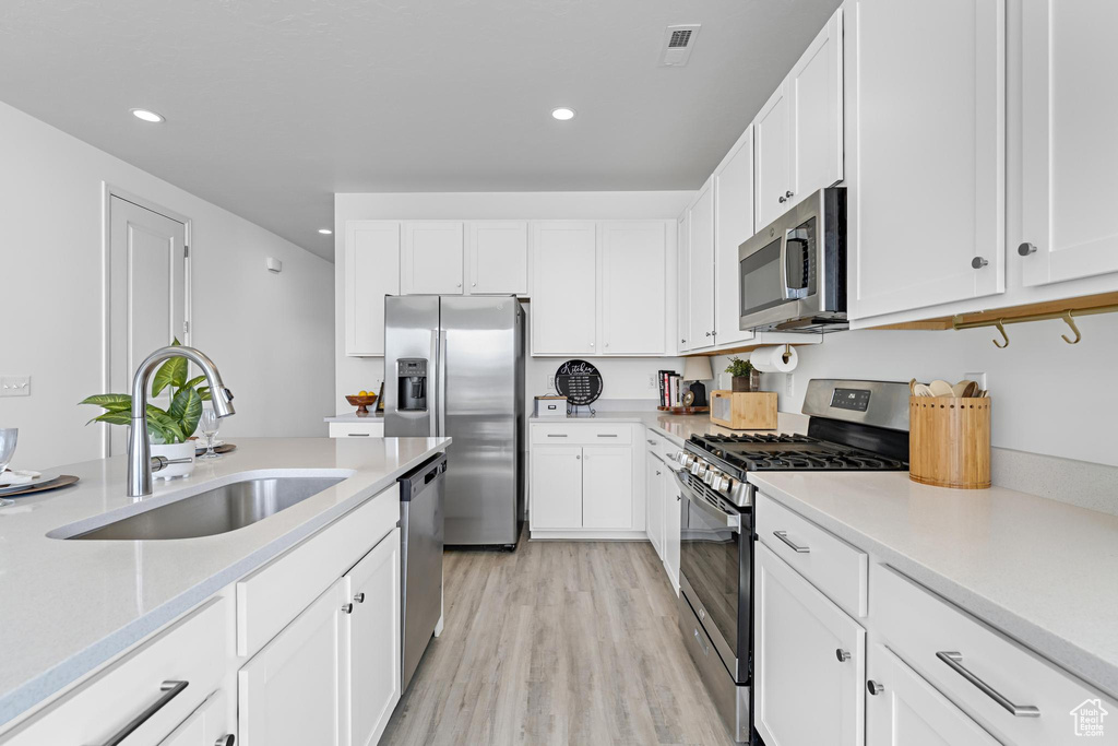 Kitchen featuring recessed lighting, a sink, light wood-style flooring, and stainless steel appliances