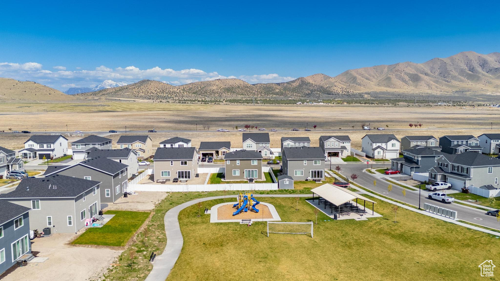 Bird's eye view featuring a residential view and a mountain view