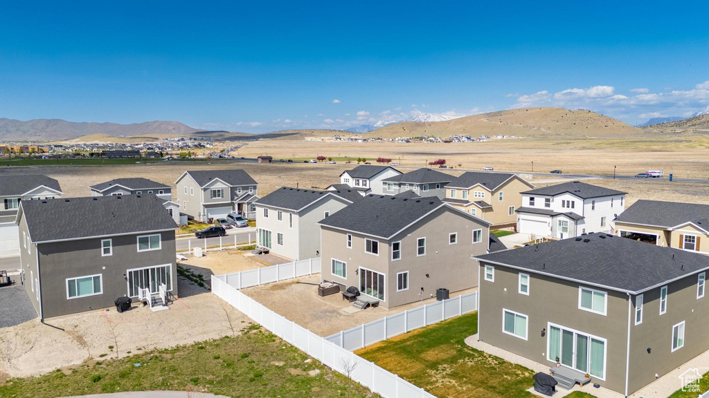 Birds eye view of property with a mountain view and a residential view