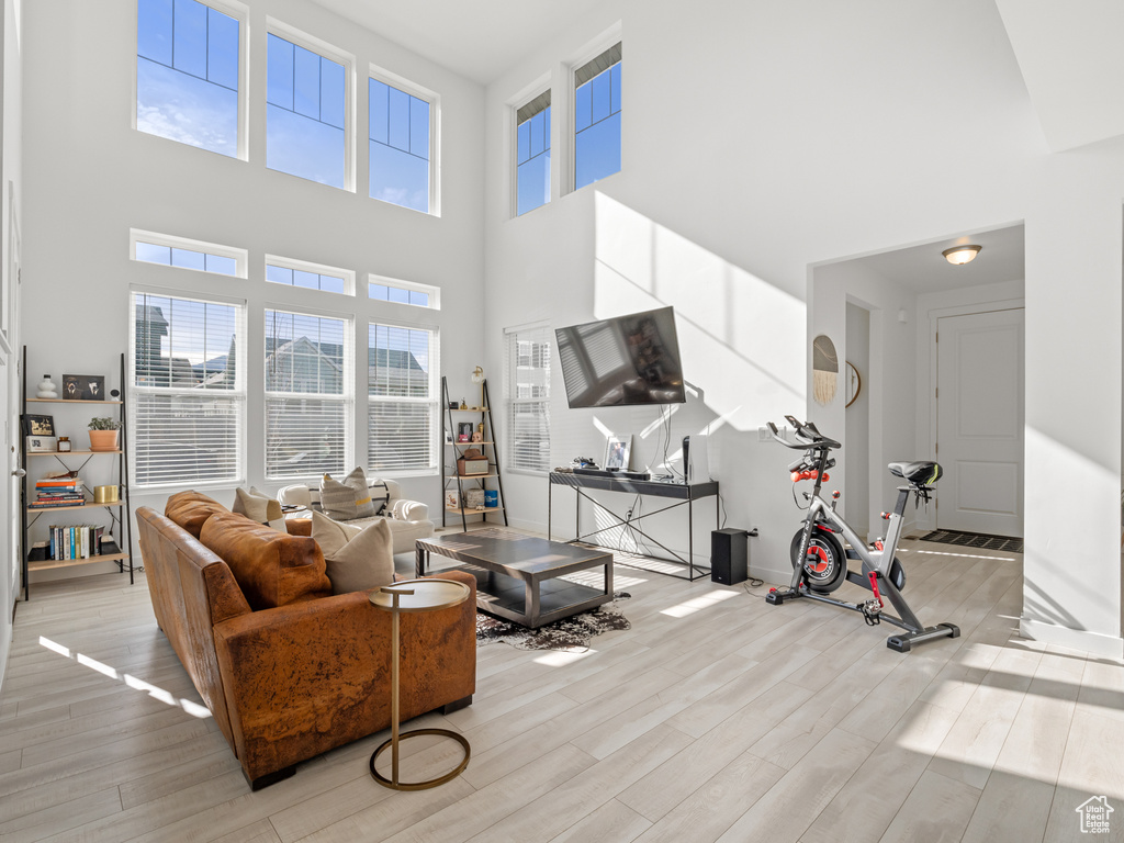 Living room featuring wood finished floors and a towering ceiling