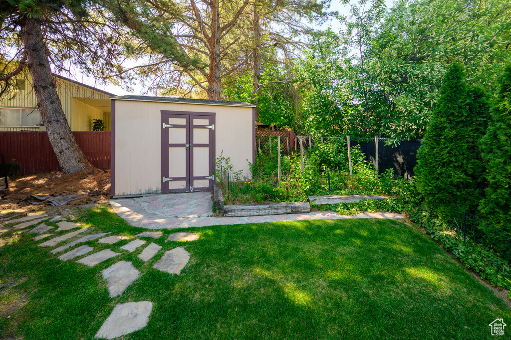View of shed featuring a fenced backyard
