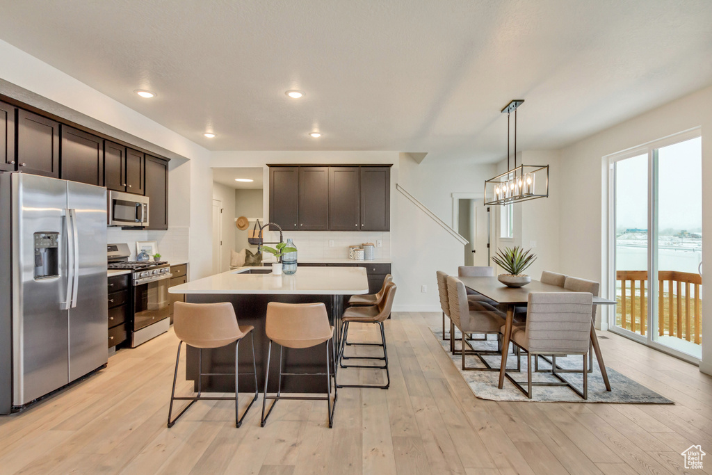 Kitchen with backsplash, light countertops, stainless steel appliances, and light wood-style floors