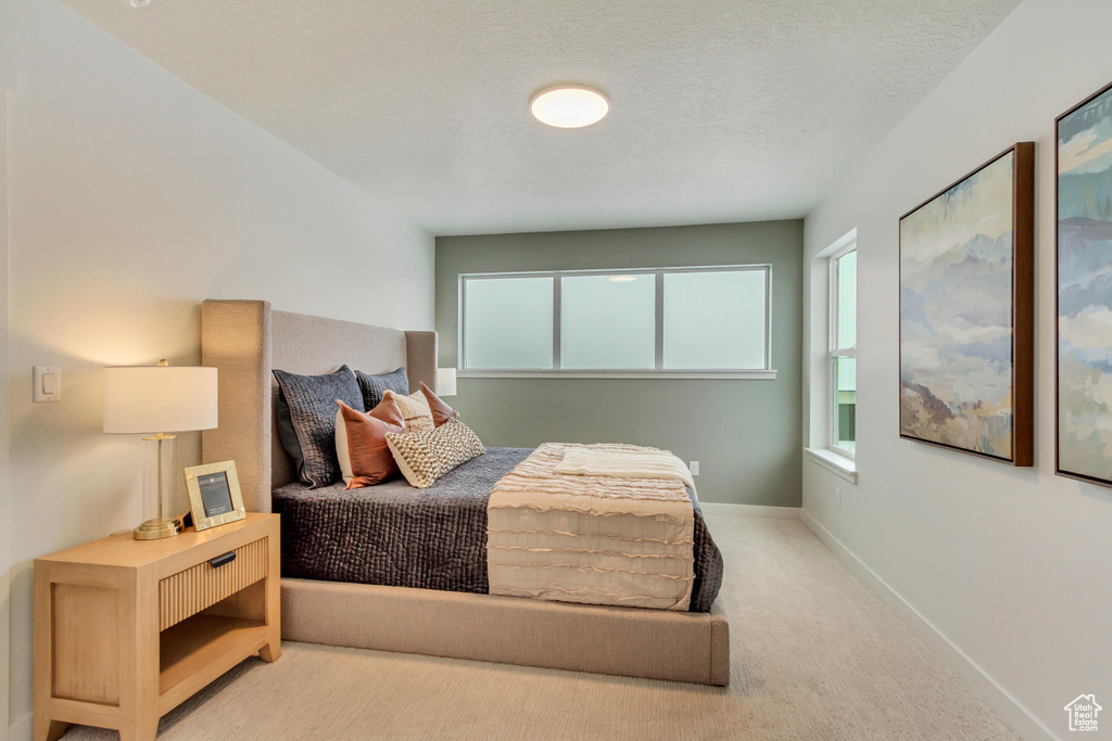 Bedroom featuring baseboards, carpet floors, and a textured ceiling