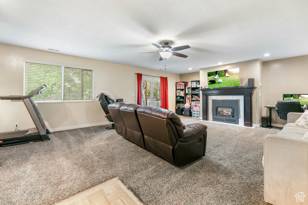 Living area with plenty of natural light, baseboards, ceiling fan, and a fireplace