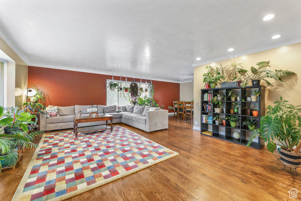 Living area featuring baseboards, ornamental molding, wood finished floors, and recessed lighting