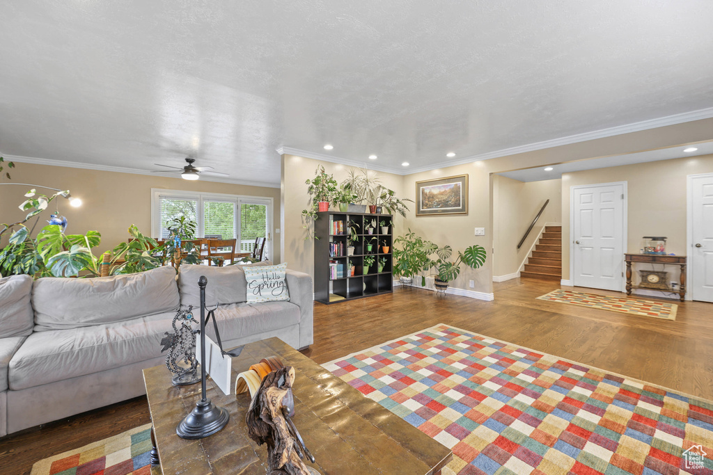 Living room with ornamental molding, ceiling fan, wood finished floors, and stairway