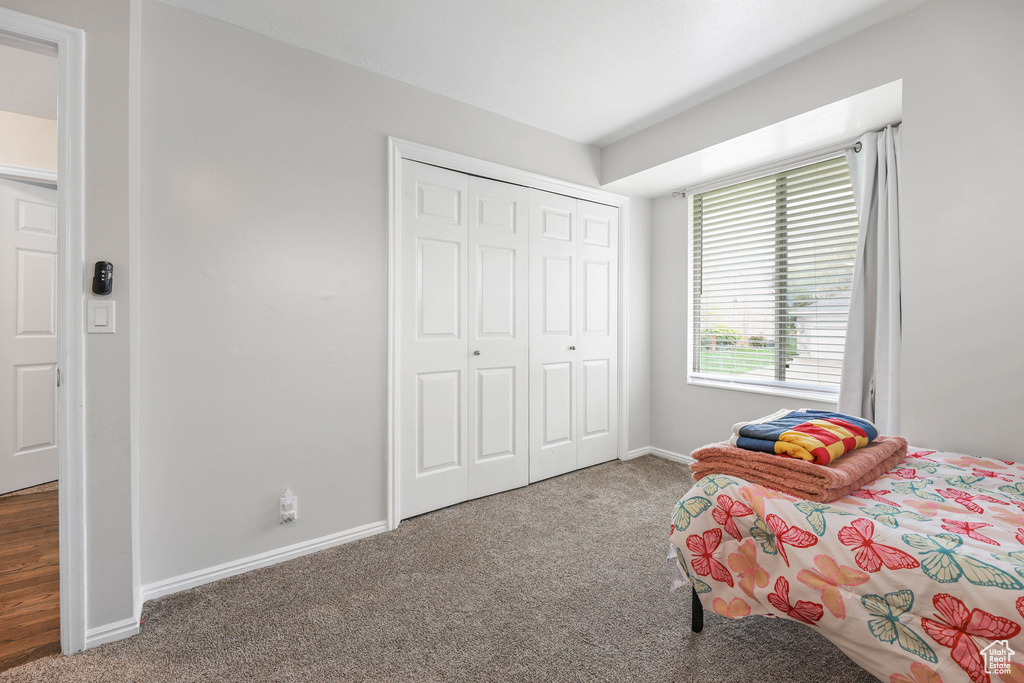 Bedroom featuring baseboards, carpet, and a closet
