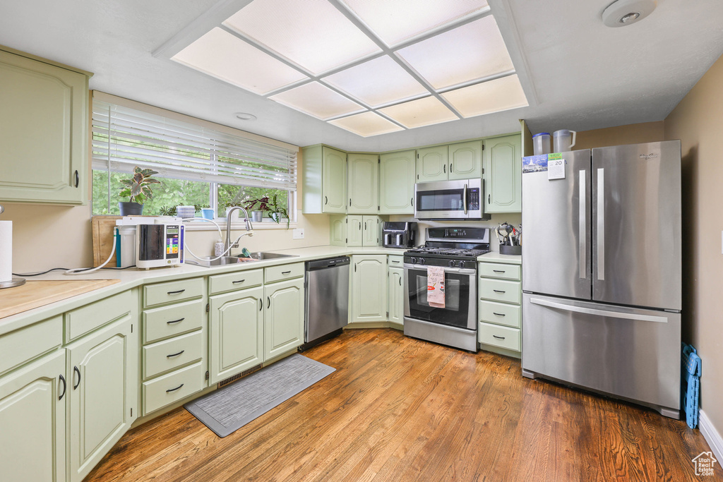 Kitchen with a sink, appliances with stainless steel finishes, green cabinets, and light countertops