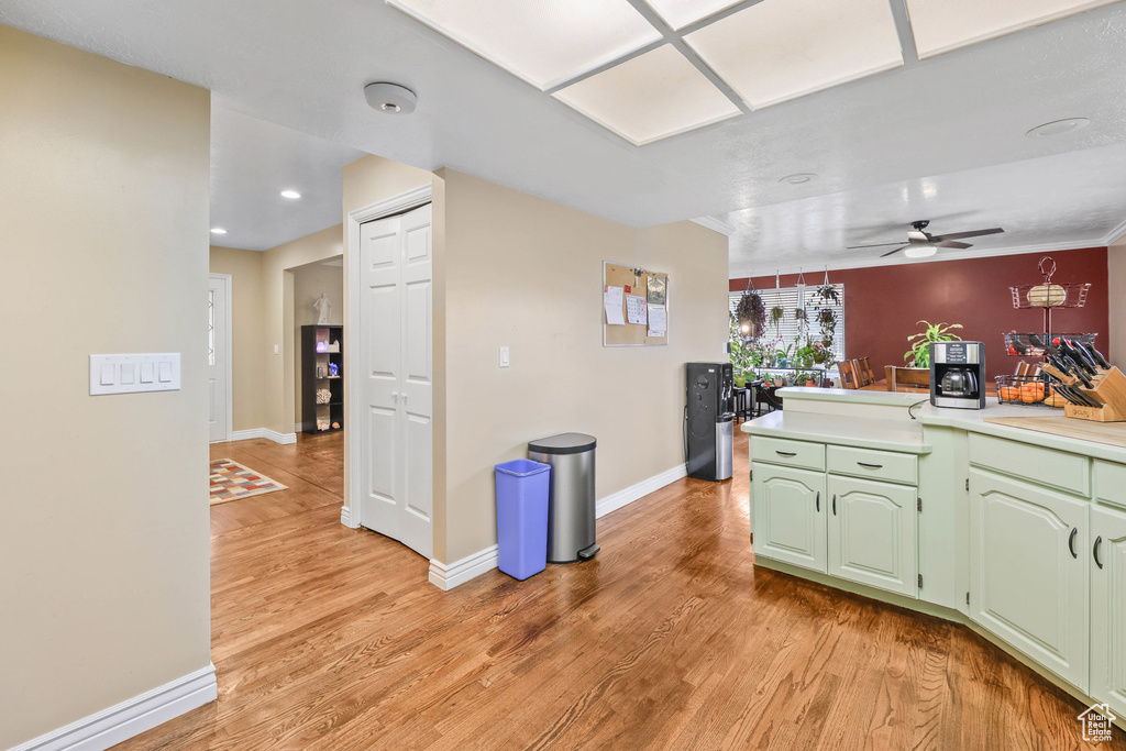 Kitchen featuring ceiling fan, green cabinetry, light countertops, light wood-style flooring, and baseboards