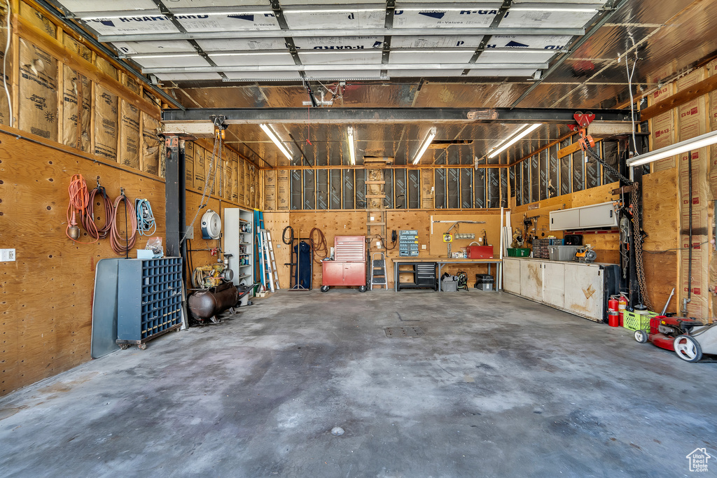 Garage with a workshop area