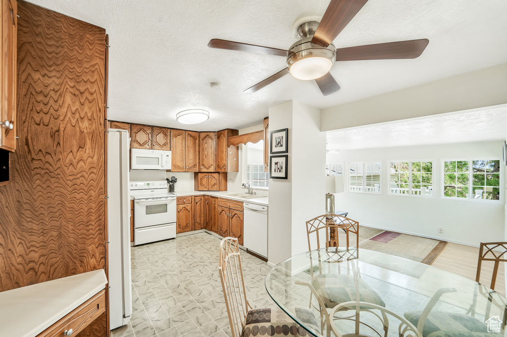 Kitchen with a ceiling fan, white appliances, light countertops, brown cabinets, and a sink