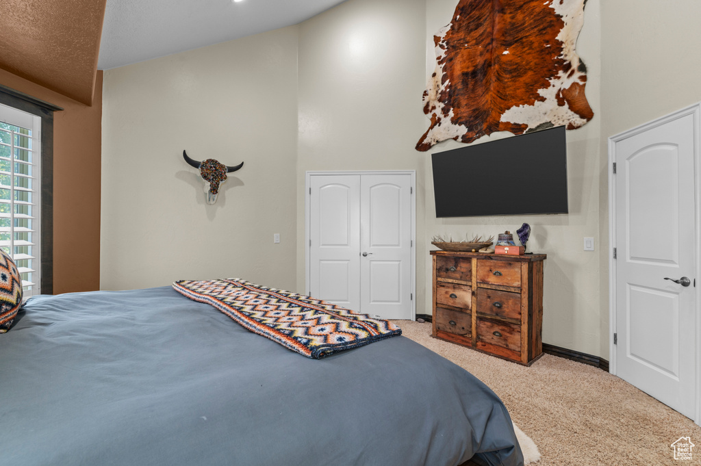 Bedroom with carpet floors, baseboards, and a towering ceiling