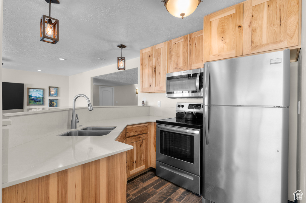 Kitchen with a sink, light countertops, light brown cabinets, stainless steel appliances, and dark wood-type flooring