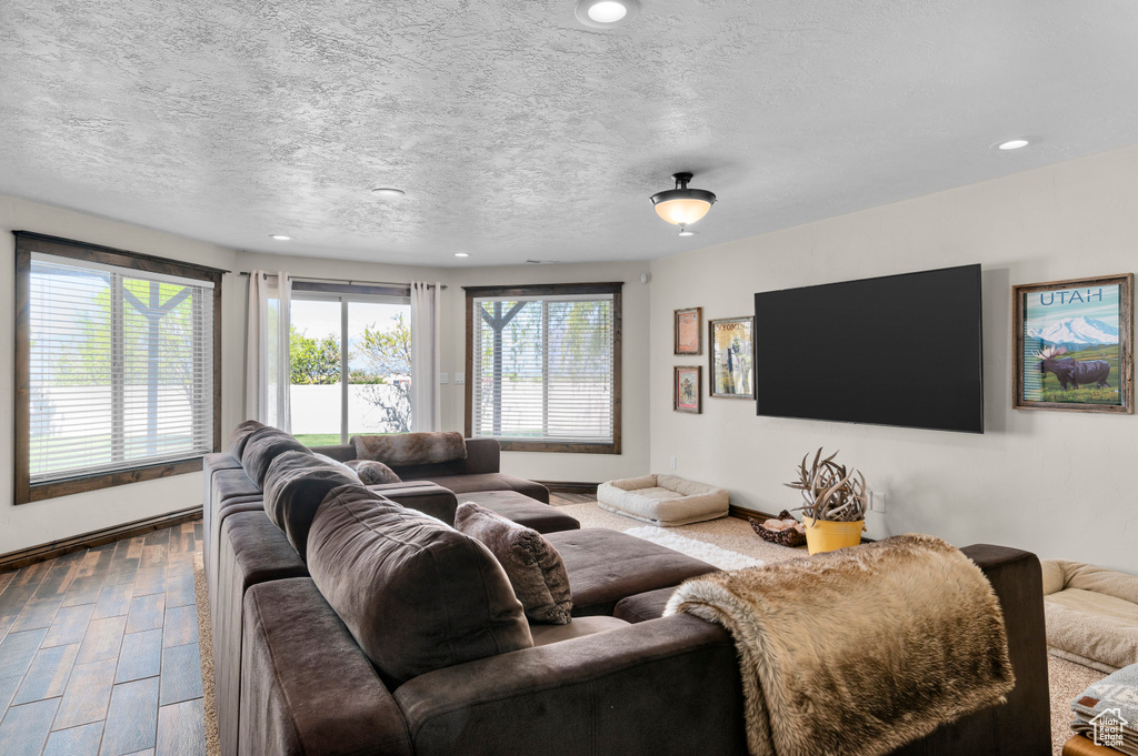 Living area featuring recessed lighting, a textured ceiling, dark wood finished floors, and baseboards