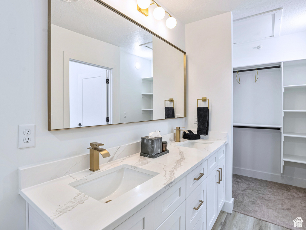 Bathroom with double vanity, a sink, and a spacious closet