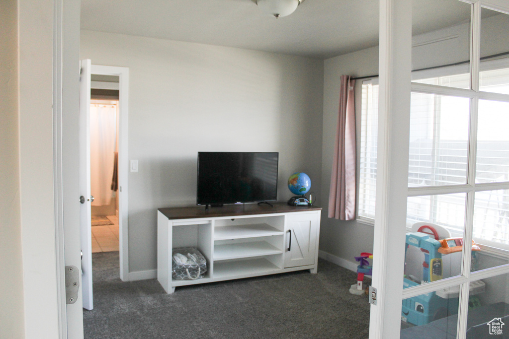 Bedroom featuring baseboards, multiple windows, and dark carpet