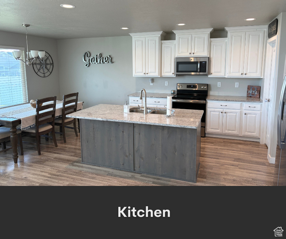 Kitchen featuring stainless steel appliances, a chandelier, wood finished floors, recessed lighting, and a sink