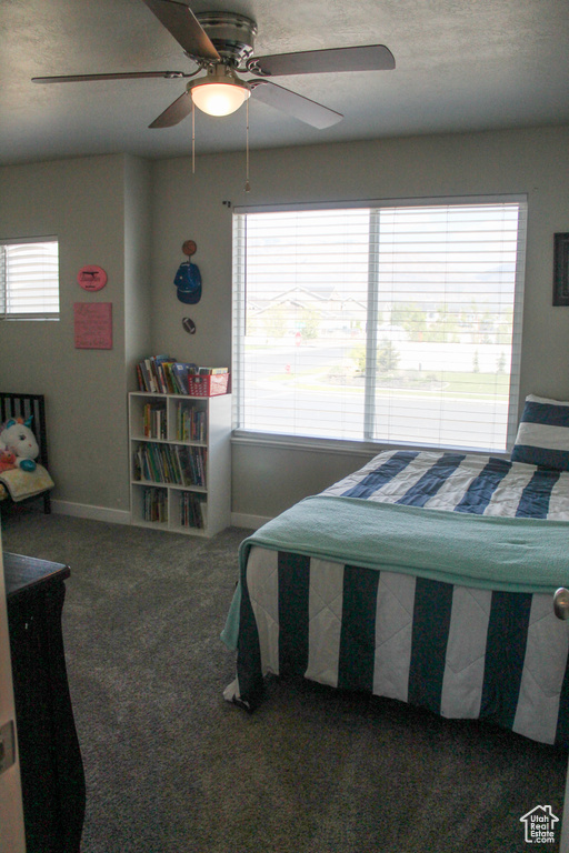 Carpeted bedroom with baseboards, ceiling fan, and multiple windows