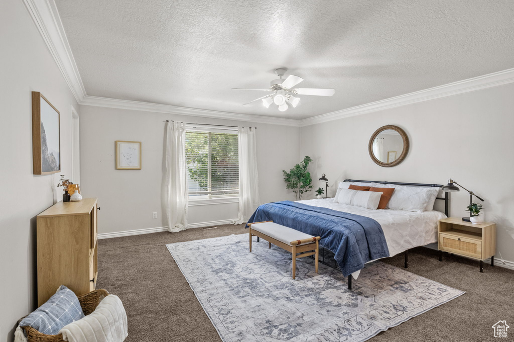 Bedroom with ornamental molding, dark colored carpet, baseboards, ceiling fan, and a textured ceiling
