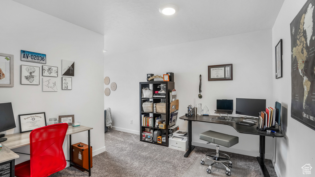 Office area featuring baseboards and carpet