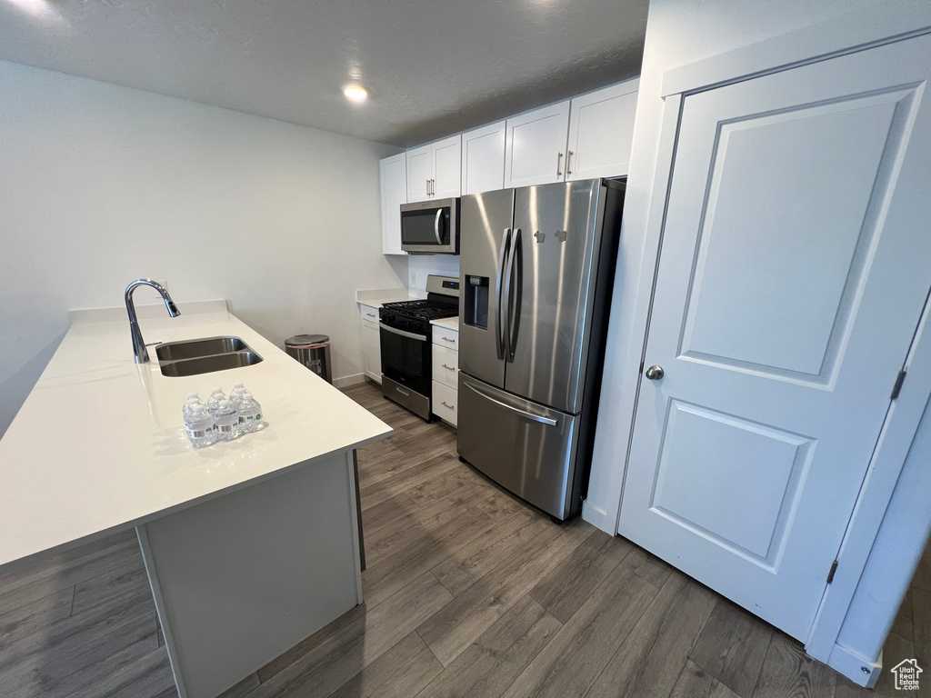 Kitchen with stainless steel appliances, a sink, dark wood finished floors, a peninsula, and light countertops