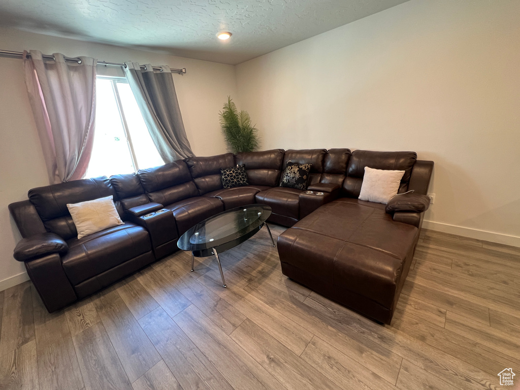 Living room featuring wood finished floors, baseboards, and a textured ceiling