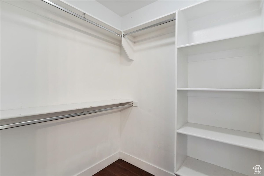 Walk in closet with dark wood finished floors