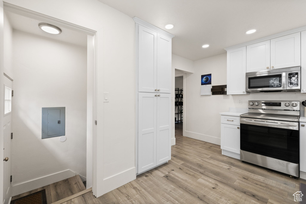 Kitchen with electric panel, white cabinetry, baseboards, stainless steel appliances, and light wood-style flooring