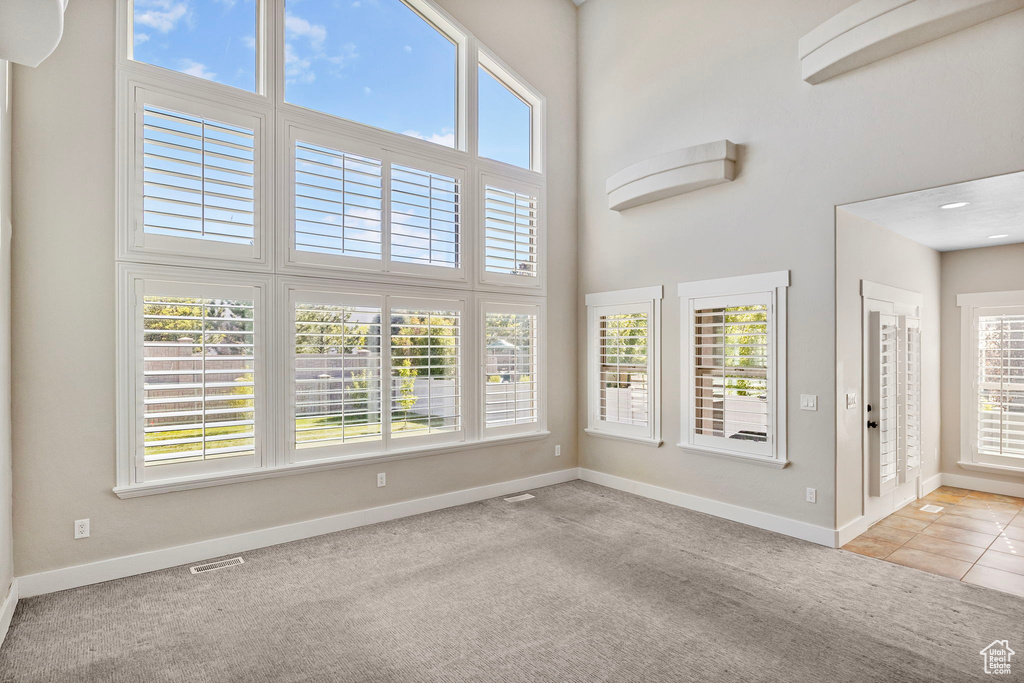 Unfurnished living room with carpet floors, baseboards, a healthy amount of sunlight, and a towering ceiling